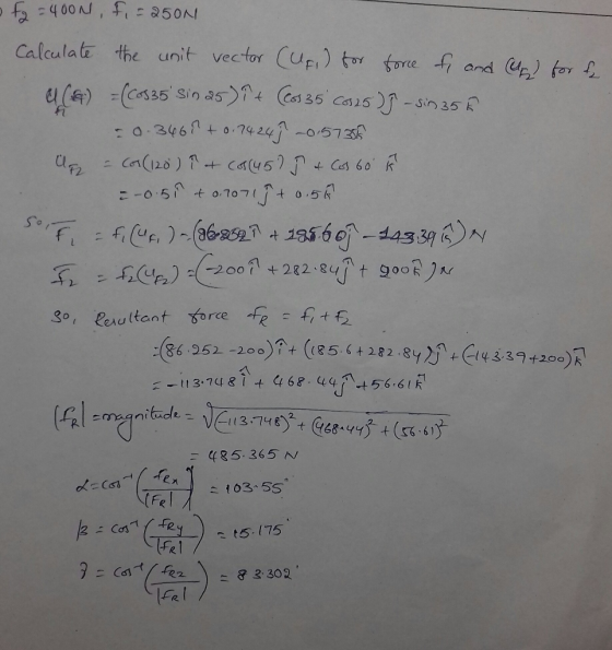 = fg = 4000, F = 250N Calculate the unit vector (UF) for force & and up for & a (&) = (Cos35 sin 25) it (18135 cos25) ] - sin