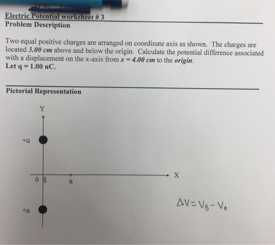 Electric Potential worksheet # 3 Problem Description Two equal positive charges are arranged on coordinate axis as shown. The charges are located 3.00 cm above and below the origin. Calculate the potential difference associated with a displacement on the x-axis from x = 4.00 cm to the origin. Let q = 1.00 nC. Pictorial Representation tq 0 tq