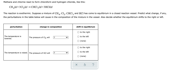 Methane and chlorine react to form chloroform and hydrogen chloride, like this: CH4(9)+3C12(g) → CHCl3(9)+3HCl(9) The reactio