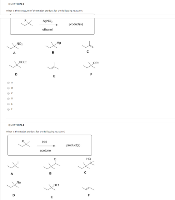 QUESTION 3 What is the structure of the major product for the following reaction? AgNO3 product(s) products) ethanol HOEL to