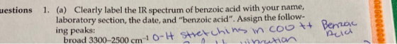 uestions 1. (a) Clearly label the IR spectrum of benzoic acid with your name, laboratory section, the date, and benzoic acid