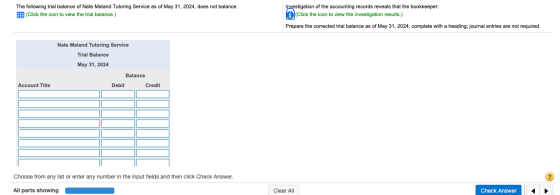 The following trial balance of Nate Maland Tutoring Service as of May 31, 2024, does not balance. (Click the icon to view the