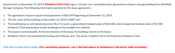 Assume that on December 31, 2019, Kimberly-Clark Corp. signs a 10-year, non-cancelable lease agreement to lease a storage bui