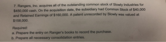 7. Rangers, Inc. acquires all of the outstanding common stock of Slowly Industries for $450,000 cash. On the acquisition date