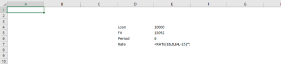 C. 4 10000 Loan FV Period Rate 15092 7 RATE(E6,0,E4,-E5)*.1 10