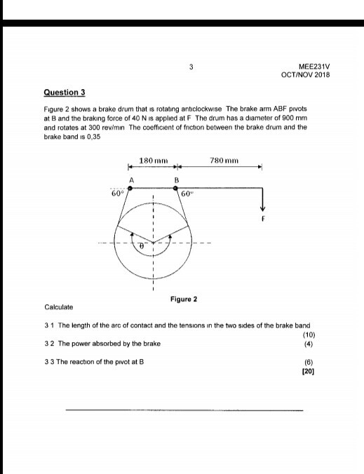 3 MEE231V OCT/NOV 2018 Question 3 Figure 2 shows a brake drum that is rotating anticlockwise The brake arm ABF pivots at B an