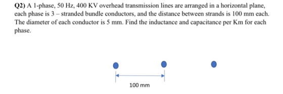 Q2) A 1-phase, 50 Hz, 400 KV overhead transmission lines are arranged in a horizontal plane, each phase is 3 - stranded bundl