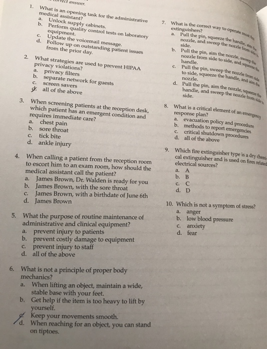 Pect ansteer What medical assistant? a. Unlock supply cabinets is an opening task for the administrative 7. What is the corre