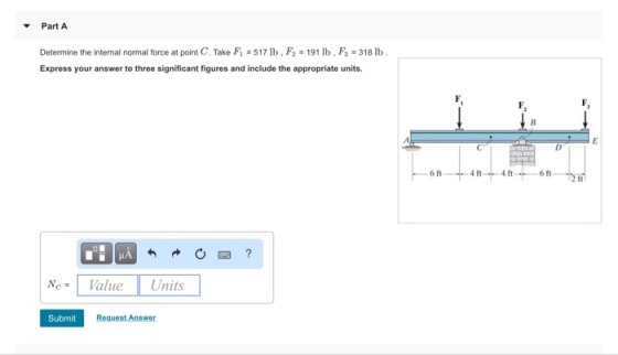 Part A Determine the internal normal force at point C. Take F1-517 lb . F2-191 lb . F: 318 lb , Express your answer to three significant figures and include the appropriate units 6 ft 4 ft---4 ft 2 f NcsValue Units Submit