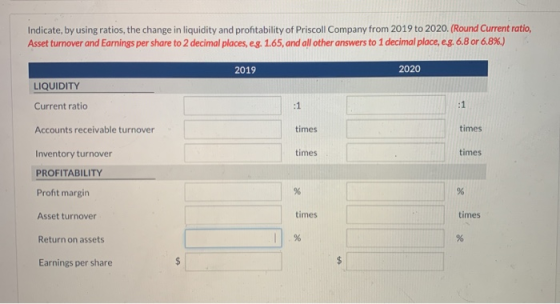 Indicate, by using ratios, the change in liquidity and profitability of Priscoll Company from 2019 to 2020. (Round Current ra