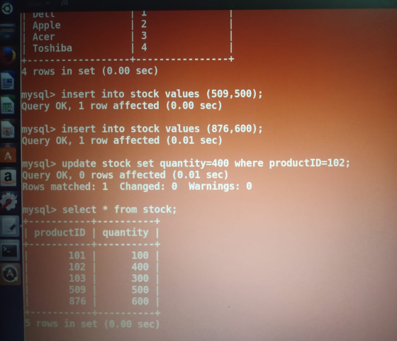 Dell Apple Acer Toshiba WNE -----+---- 4 rows in set (0.00 sec) mysql> insert into stock values (509,500); Query OK, 1 row