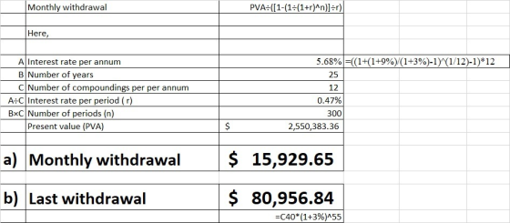 Monthly withdrawal PVA:([1-(1=(1+r)^n)]=r) Here, A Interest rate per annum B Number of years C Number of compoundings per per
