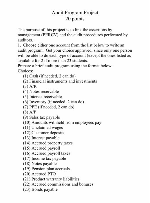 Audit Program Project 20 points The purpose of this project is to link the assertions by management (PERCV) and the audit pro