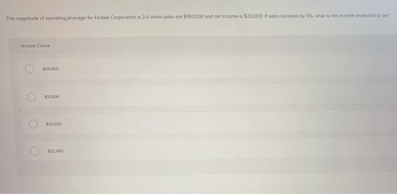 The magnitude of operating leverage for Forbes Corporation is 24 when sales are $160,000 and net income is $20,000. If sales