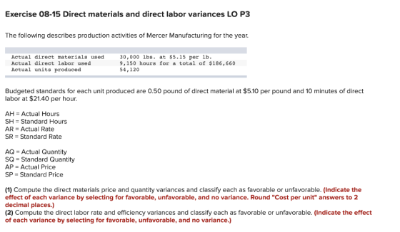Exercise 08-15 Direct materials and direct labor variances LO P3 The following describes production activities of Mercer Manu