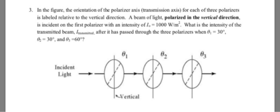 3. In the figure, the orientation of the polarizer axis (transmission axis) for each of three polarizers is labeled relative