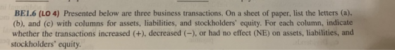 BE1.6 (LO 4) Presented below are three business transactions. On a sheet of paper, list the letters (a), (b), and (c) with co
