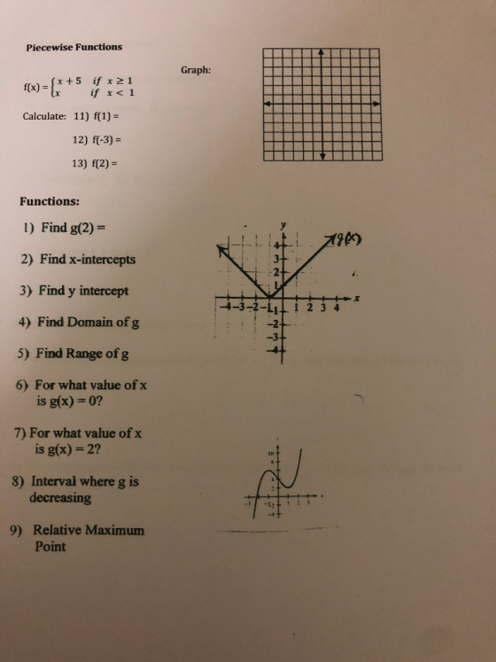 Piecewise Functions Graph: f(x) = x +5 if x 21 if x< 1 Calculate: 11) f(1) = 12) f(-3) = 13) f(2)= Functions: 1) Find g(2)= 1