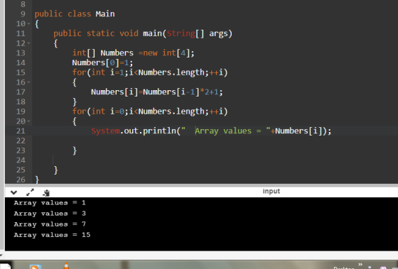 { 15 parlen 8 9 public class Main 10- { 11 public static void main(String[] args) 12 13 int[] Numbers =new int[4]; 14 Numbers