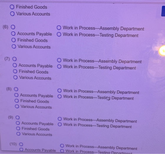 O Finished Goods O Various Accounts (6) O O Accounts Payable O Finished Goods O Various Accounts O Work in Process-Assembly D