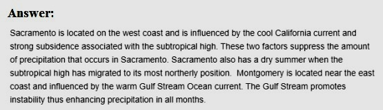 Answer: Sacramento is located on the west coast and is influenced by the cool California current and strong subsidence associ