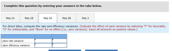 Complete this question by entering your answers in the tabs below. Req 1A Reg 1B Req 2A Req 2B Req3 For direct labor, compute