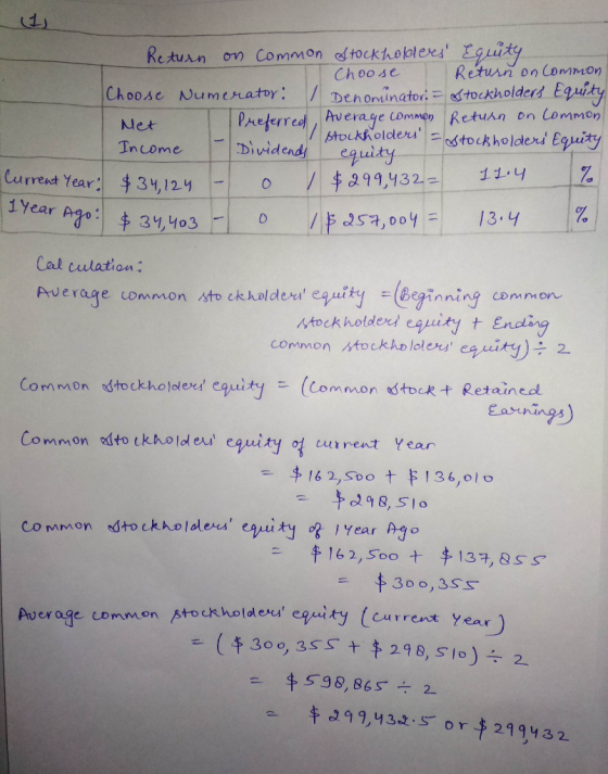 (1) Return on common stockholders Equity Choose Return on common Choose Numerator: 1 Denominator: = stockholders Equity Met