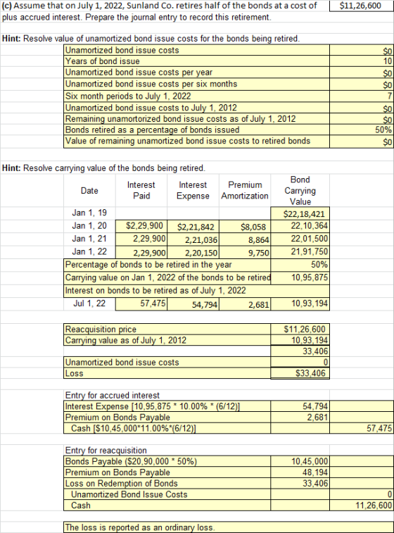 $11,26,600 (c) Assume that on July 1, 2022, Sunland Co. retires half of the bonds at a cost of plus accrued interest. Prepare