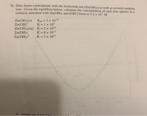 5) Zinc forms a precipitate with the hydroxide ion (Zn(OH)2) as well as several complex ions. Given the equilibria below, cal
