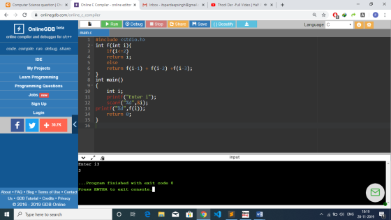 C Computer Science question | Che X M Inbox -itspardeepsingh@gmail.c X Thodi Der -Full Video | Half Online C Compiler - onlin