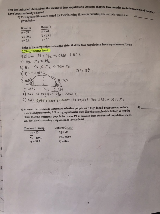 two samples are independent and that they Test the indicated claim about the means of two populations. Assume that the two ha