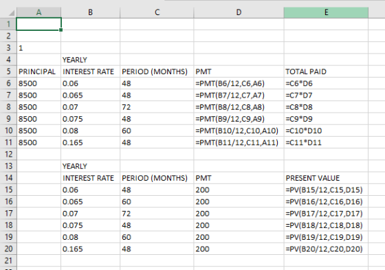 A E 1 2 31 48 YEARLY 5 PRINCIPAL INTEREST RATE PERIOD (MONTHS) PMT TOTAL PAID 6 8500 0.06 =PMT(B6/12,C6,46) =C6*D6 7 8500 0.0