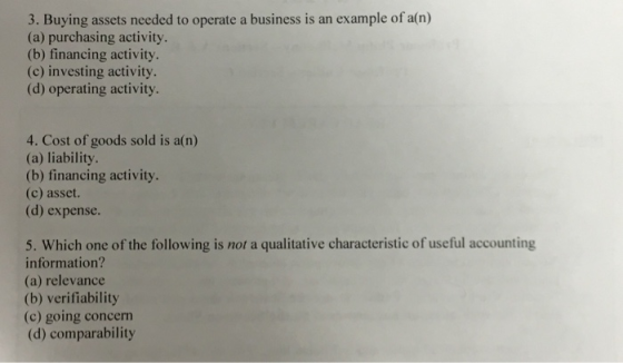 3. Buying assets needed to operate a business is an example of a(n) (a) purchasing activity. (b) financing activity. (c) inve