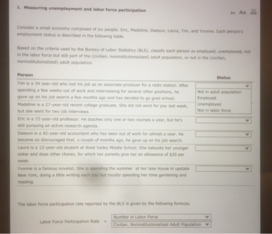 1. Measuring unemployment and labor force participation A Aa Consider a small economy composed of six people: Eric, Madeline, Daesun, Laura, Tim, and Yvonne. Each persons employment status is described in the following table Based on the criteria used by the Bureau of Labor Statistics (BLS), classify each person as employed, unemployed, not in the labor force but still part of the (civilian, noninstitutionalized) adult population, or not in the (civilla noninstitutionalized) adult population. Person Status Tim is a 34 year-old who lost his job as an associate producer for a radio station. After spending a few weeks out of work and interviewing for several other positions, he gave up on his job search a few months ago and has decided to go grad school. Not in adult population Employed Madeline is a 27-year-old recent college graduate. She did not work for pay last week, Unemployed but she went for two job interviews. Eric is a 72-year-old professor. He teaches only one or two courses a year, but hes still pursuing an active research agenda. Daesun is a 42-year-old accountant who has been out of work for almost a year. He became so discouraged that, a couple of months ago, he gave up on his job search Laura is a 12-year-old student at West Valley Middle School. She babysits her younger sister and does other chores, for which her parents give her an allowance of $20 per week Not in labor force Yvonne is a famous novelist. She is spending the summer at her lake house in upstate New York, doing a little writing each day but mostly spending her time gardening and reading The labor force participation rate reported by the BLS is given by the following formula Number in Labor Force Civilian, Noninstitutionalized Adult Population Labor Force Participation Rate