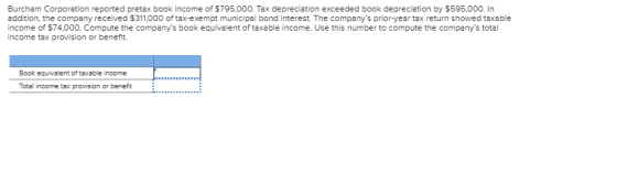 Burcham Corporation reported pretax book income of $795.000. Tax depreciation exceeded book depreciation by $595.000. In addi