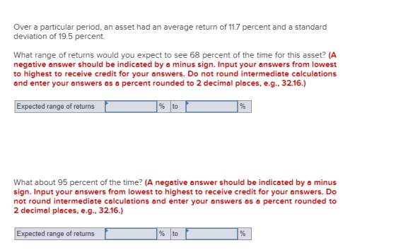 Over a particular period, an asset had an average return of 11.7 percent and a standard deviation of 19.5 percent. What range