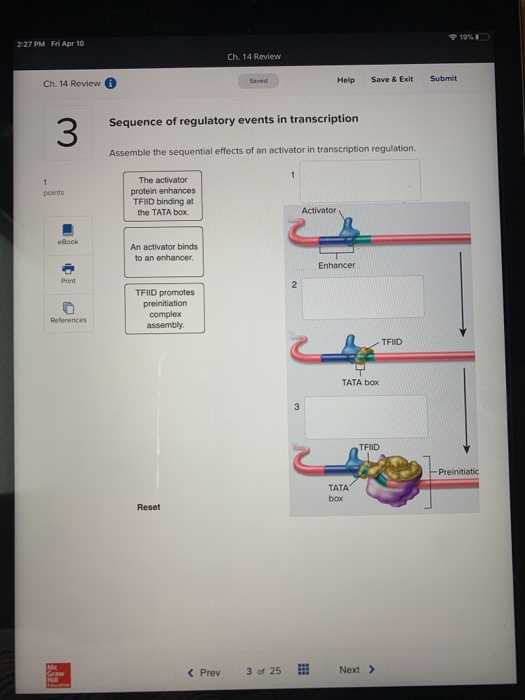 19% 2:27 PM Fri Apr 10 Ch. 14 Review Ch. 14 Review @ Help Save & Exit Submit Sequence of regulatory events in transcription A