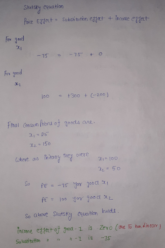 Slutsky equation Poice Eyject = Substitution effect + income effect For good 21 -75 = - 75 & o for good X2 100 = +300 + (-200