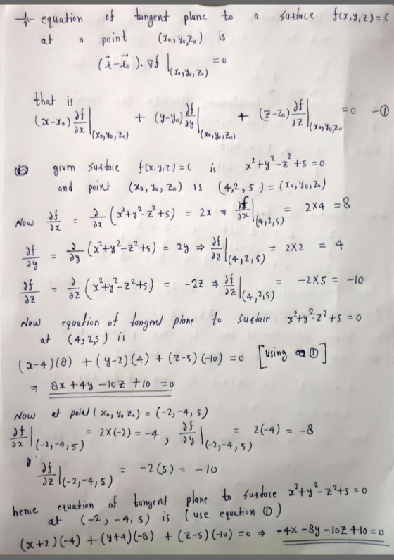 a surface f(x, y, z)=( - equation at a of tangent plane to point (10, Yo, 7o) is (4-co). of levy, z) = 0 that is z (xo, Yo, z