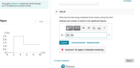 Constants The graph in (Figure 1) shows the current through a 3.0 12 resistor as a function of time. Part B What was the tota