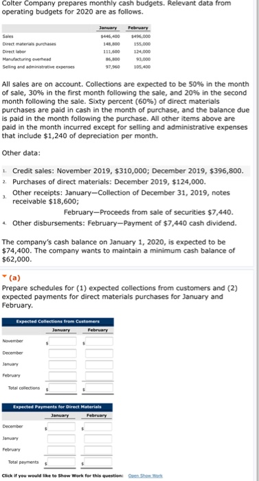 Colter Company prepares monthly cash budgets. Relevant data from operating budgets for 2020 are as follows. Direct materials