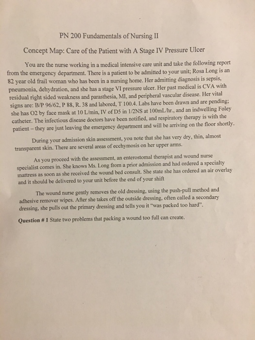 PN 200 Fundamentals of Nursing II Concept Map: Care of the Patient with A Stage IV Pressure Ulcer You are the nurse working i