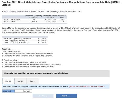 Problem 10-11 Direct Materials and Direct Labor Variances; Computations from Incomplete Data (LO10-1, LO10-2] Sharp Company m