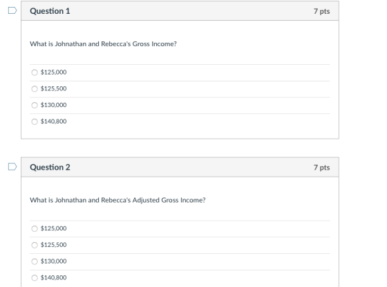 Question 1 7 pts What is Johnathan and Rebeccas Gross Income? $125,000 $125,500 $130,000 $140,800 Question 2 7 pts What is J