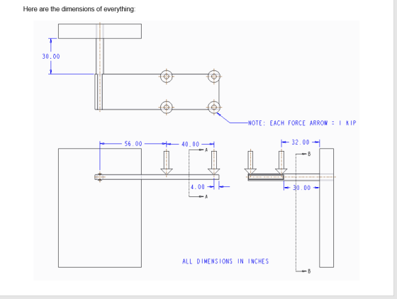 Here are the dimensions of everything: 30.00 NOTE : EACH FORCE ARROW : | KIP 56.00 — 40.00 - - 32.00 -- - - A 4.00 - - 30.00