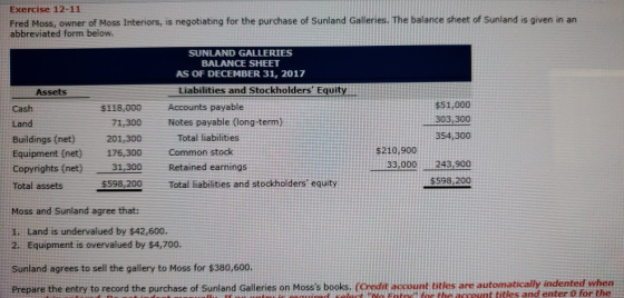 Exercise 12-11 Fred Moss, owner of Moss Interiors, is negotiating for the purchase of Sunland Galleries. The balance sheet of Sunland is given in an abbreviated form below. SUNLAND GALLERIES BALANCE SHEET AS OF DECEMBER 31, 2017 Liabilities and Stockholders Equity Accounts payable Assets $51,000 303,300 354,300 $118,000 Cash Land Buildings (net) 201,300 Equipment (net) 176,300 Copyrights (net)31,300 Total assets $598,200 71,300Notes payable (long-term) Total liabilities Common stock Retained earnings Total liabilities and stockholders equity $210,900 33,000 243900 $598,200 Moss and Sunland agree that: 1. Land is undervalued by $42,600. 2. Equipment is overvalued by $4,700 Sunland agrees to sell the gallery to Moss for $380,600. Prepare the entry to record the purchase of Sunland Galleries on Mosss books. (Credit account titles are automatically indented when select No Ftowi foc the account titles and enter 0 for the