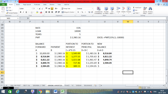 Home nert Page Layout Formulas Data Review View dd-Ins Cut aCopy Σ AutoSum ー E ゴWrap Text в 1 프 . Ej-., Δ. : rーー 逻锂函Merge & Center. $, % , 弼,8 Conditional Format eCell Insert Delete Format Sort &Find & 2 ClearFe Select Edting Format Painter Formatting, as Table w styles. ▼ ㆆ ▼ Clipboard Alignment Number Cells W83 68 69 70 71 72 73 74 75 76 15% 10000 RATE LOAN YEARS PMT 2,983.16 EXCEL-PMT(15%,5,-10000) BALANCE FORWARD PORTION TO INTEREST C- A*0.15 PORTION TO PRINCIPAL NEW BALANCE E-A-D PAYMENT $ 10,000.00 $ 2,983.16 1,500.00$1,483.16 $ 8,516.84 $8,516.84 $ 2,983.16 $ 1,277.53 $1,705.63 $ 6,811.22 $1,961.47$4,849.74 $4,849.74 $2,983.16$ 727.462,255.69 $2,594.05 78 79 80 81 82 83 84 85 86 11 トトー MÍN VAR PORT BEST CAL BİNOMIAL 2 TIME- SINKING AMORTIZA Sheet2 $6,811.22 2,983.16 $ 1,021.68 $ 2,594.05 2,983.16$ 389.11 $2,594.05 $ ORDAN INSURANCE 福 130% 04-01-2019