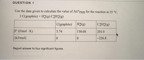 QUESTION 1 Use the data given to calculate the value of AGºrxn for the reaction at 25 °C. 2 C(graphite) + H2(g) C2H2(g) C(gra