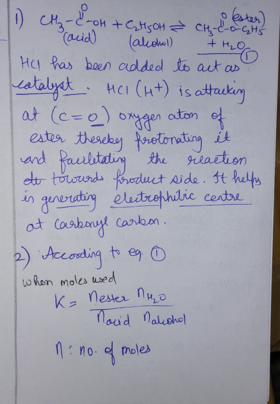(1) CH₂-d-OH + CASCHI CHI ester? 1 Carid (alcohol) + H2O He has been added to act as catalyst . HCl (ht) is attacking at (e=o