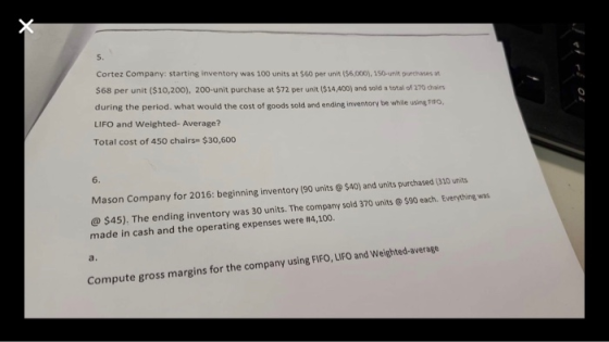 Cortez Company: starting inventory was 100 units at $60 per unit ($6,000), 156. Durch $68 per unit ($10,200), 200-unit purcha
